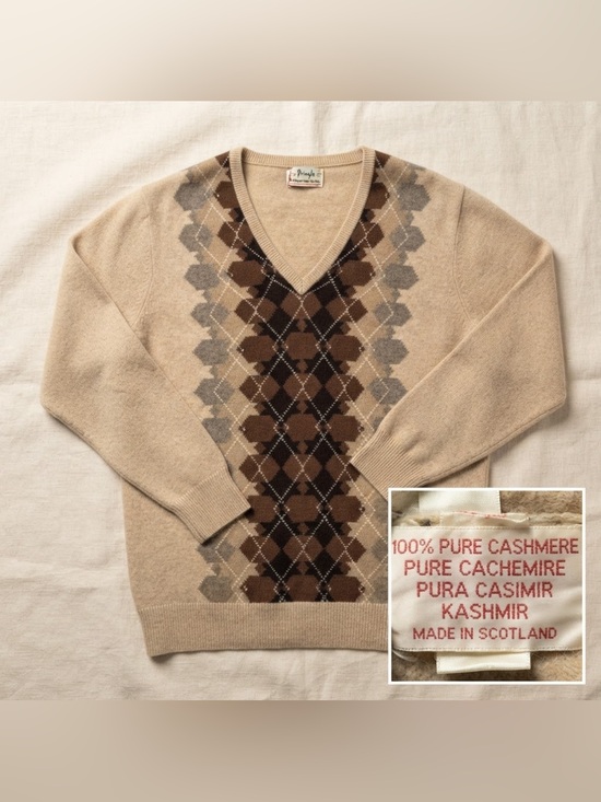 Pringle Other - Vintage Pringle of Scotland 100% Cashmere Argyle V-Neck Sweater Size 38 Tan Brow